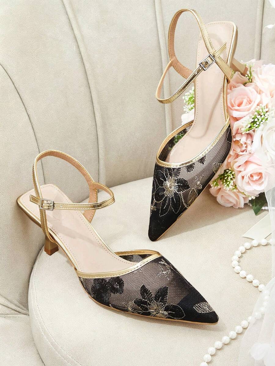 CUCCOO HITCHD Women Shoes Black Gold Embroidered Mesh Pointed Kitten Heels, Empty Strap Temperament Banquet Commuter Shoes - black gold - View 1