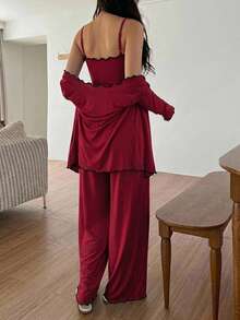 DAZY 女款三件式純色針織扭繩設計細肩帶背心、開襟外套與長褲家居服套裝，秋季 - 紅色 - 查看 5