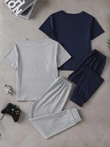 Boys' 4-Piece Loungewear Set: Simple Gentleman Plaid Short Sleeve Solid Color Pocket Top + Holographic Game Console Short Sleeve Long Pants - Multicolor - View 2