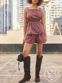 Aralina Conjunto de 2 piezas para mujer de verano / invierno con top de mezclilla fruncido con detalle de lazo y shorts, atuendo lindo para salir y vacaciones, estilo Y2K Estocolmo - Color caoba - Ver 14