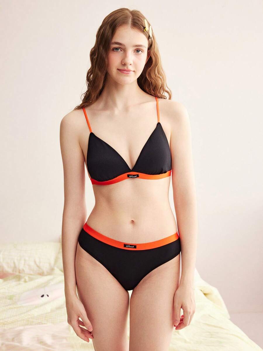 Eraneu 2pcs/Set Conjunto de lencería cómodo y colorido con copa triangular de color contrastante - Negro - Ver 1