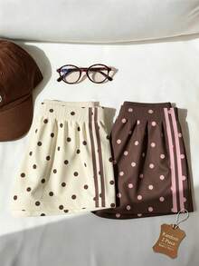 SHEIN LMoss Kids Tween女孩休閒時尚波點百搭短褲，適合四季穿著，Chill Chill風格，時尚女孩休閒穿搭，隨機2件款，發貨1件 - 彩色 - 查看 1