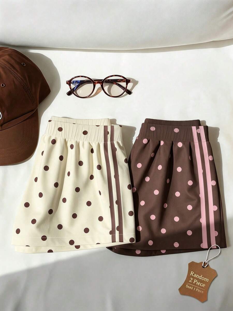 SHEIN LMoss Kids Tween女孩休閒時尚波點百搭短褲,適合四季穿著,Chill Chill風格,時尚女孩休閒穿搭,隨機2件款,發貨1件 - 彩色 - 查看 1