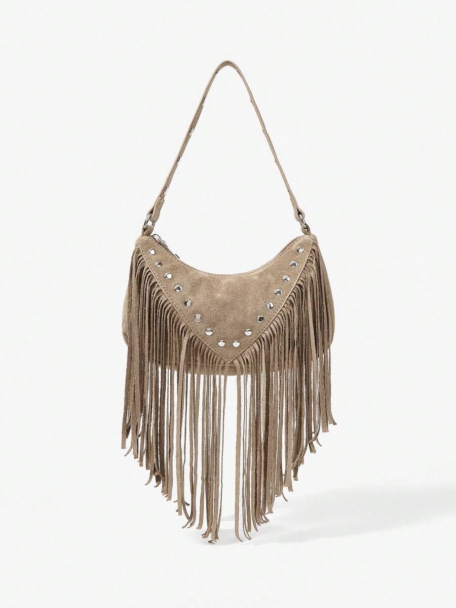 Viva Strut Women's Fashionable Personalized Simple Versatile Street Retro Fringed Rivet Suede Shoulder Bag, Daily Shopping Dating Music Festival - Khaki - View 1