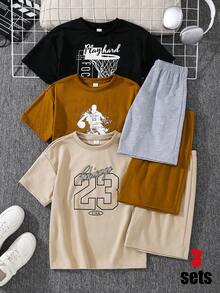 SHEIN 兒童青少年男孩夏季休閒短袖T恤與短褲套裝 - 彩色 - 查看 3