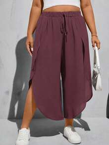 SHEIN Essnce Plus Size Black Elastic Waist High Slit Wide Leg Baggy Pants Summer - Redwood - View 3