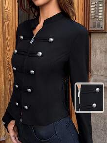MainGRL Jaket Kasual Lengan Panjang Kancing Ganda Serbaguna untuk Wanita - Hitam - View 5