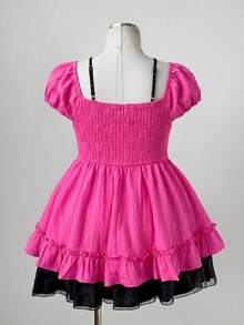Sunspun Blusa elegante de talla grande con patchwork de gasa, estampado de lunares y decoración de lazo - Rosa Fucsia - Ver 2