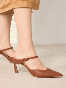 MOTF WOMEN'S BOW BACK STRAP HIGH HEELS, POINTED THICK HEEL MEDIUM HEEL SHOES, ELEGANT BROWN IMITATION LEATHER FASHION SHOES, WORKPLACE COMMUTER DAIL - Caramel Brown - View 5