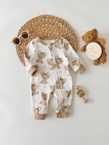 SHEIN Newborn Baby Girl Casual Cute Knitted Cartoon Pattern Long Sleeve Home Wear Romper - Apricot - View 9