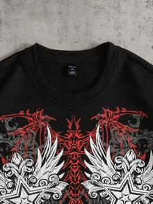 ROMWE MEN Camiseta 2 en 1 para hombre con estampado de cruz de ala y patchwork de bloques de color - Blanco y Negro - Ver 5