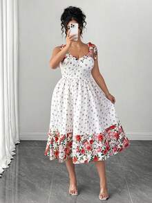 SHEIN Clasi Plus Size Women's Summer Chiffon Vintage Fairycore Celestial Cottage Core Rose Print Spaghetti Strap Tie-Waist Fit Flare Dress Red And White - Multicolor - View 4