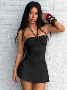 Jeanoix Sexy einfarbiges rückenfreies Neckholder-Minikleid für den Sommer - Schwarz - Übersicht 7