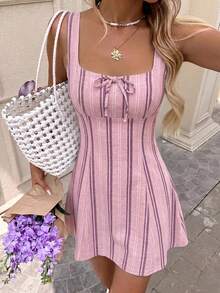 SHEIN LUNE 女款休閒度假迷你洋裝，女款夏季服飾，度假洋裝，沙灘洋裝，條紋洋裝，音樂節穿搭，外出穿搭，Y2K穿搭 - 彩色 - 查看 3