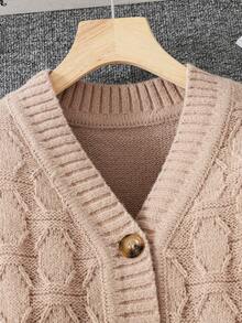 SHEIN 1pc Boys' Cardigan, Simple V-Neck Versatile Solid Color Vintage Cable Knit Texture, Vertical Button Front, Fashion Casual Sporty Style, School Khaki - Khaki - View 4
