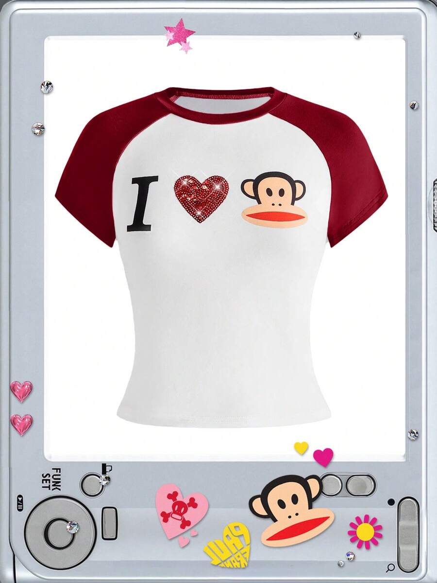 Paul Frank X ROMWE 次文化女孩休閒聯名 I Love 印花落肩袖女款修身T恤 - 酒紅色 - 查看 1