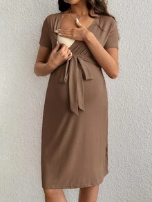 SHEIN 孕婦純色V領哺乳功能休閒日常穿著洋裝 - 棕色 - 查看 5