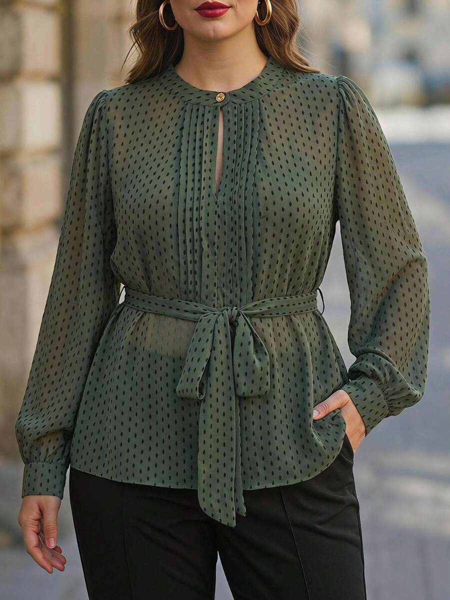 Reflora Plus Size Women's Polka Dot Blouse, Elegant, Romantic, Versatile For Commuting, Daily Wear, Workplace, Long Sleeve - Green - View 1