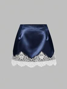 Sweetra Plus Size Women's Brown Satin Lace Patchwork Elegant Slimming Waist-Cinching Fitted Short Mini Skirt, Soft Comfortable Sexy Casual Date Wear, Versatile Cool Summer Mini Skirt, Plus Size Skirt - Navy Blue - View 1