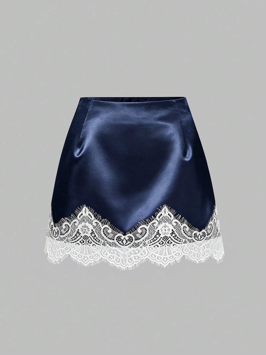 Sweetra Plus Size Women's Brown Satin Lace Patchwork Elegant Slimming Waist-Cinching Fitted Short Mini Skirt, Soft Comfortable Sexy Casual Date Wear, Versatile Cool Summer Mini Skirt, Plus Size Skirt - Navy Blue - View 1