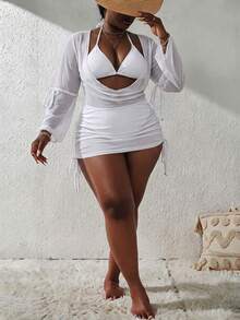 Slaydiva Plus Size 4-Piece Bikini Swimsuit With Cover-Up - White - View 5
