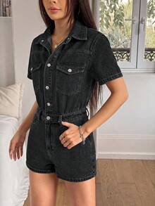 Rivivi 女款鈕扣口袋休閒街頭風日常牛仔連身短褲，黑色夏季日間穿著 - 黑色 - 查看 6