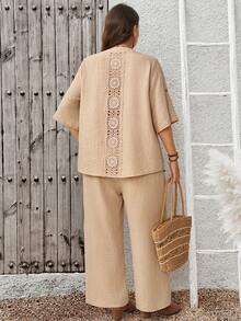 EMERY ROSE Plus Size Women Solid Color Rolled Sleeve Shirt And Pants Casual 2 Pieces Set - Khaki - View 2