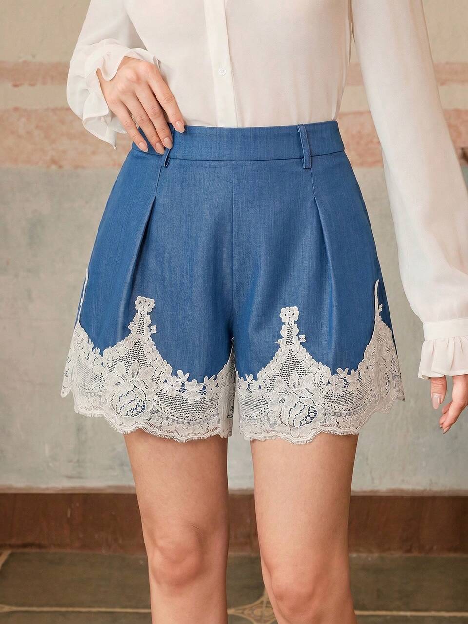 Women's Denim Effect Elegant Lace Trim Wide Leg Shorts Vacation Outfits