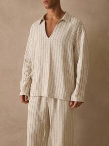 Musero Sold As One V Neck Long Sleeve Shirt Wide Leg Trouser Pant Striped Set Spring Summer Essentials - Apricot - View 4