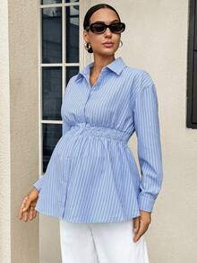 MaterniWear Women's Maternity Blue And White Striped Long-Sleeve Button-Front Shirt (Autumn) Social Blouse Fall - Blue - View 6