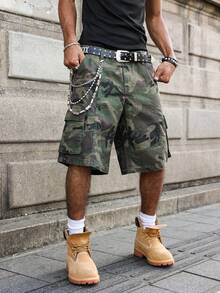 Manfinity ZONE917 Men Plus Size Casual Street Style Multi-Pocket Distressed Camouflage Wide Leg Denim Shorts - Army Green - View 4