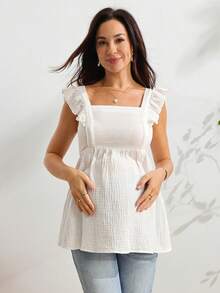 SHEIN 100% Cotton Maternity White Square Neck Flutter Sleeve Top - White - View 7