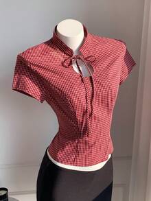 Comfortcana Women's Summer Casual Plaid Tie-Front Top - Red - View 7