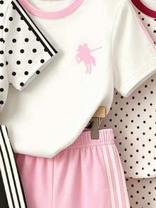 (Random 3 Sets,Send 1 Set)Girls Fresh Fashion Polka Dot Puppy Bow Pattern Basic Short T-Shirt And Shorts Set - Multicolor - View 3