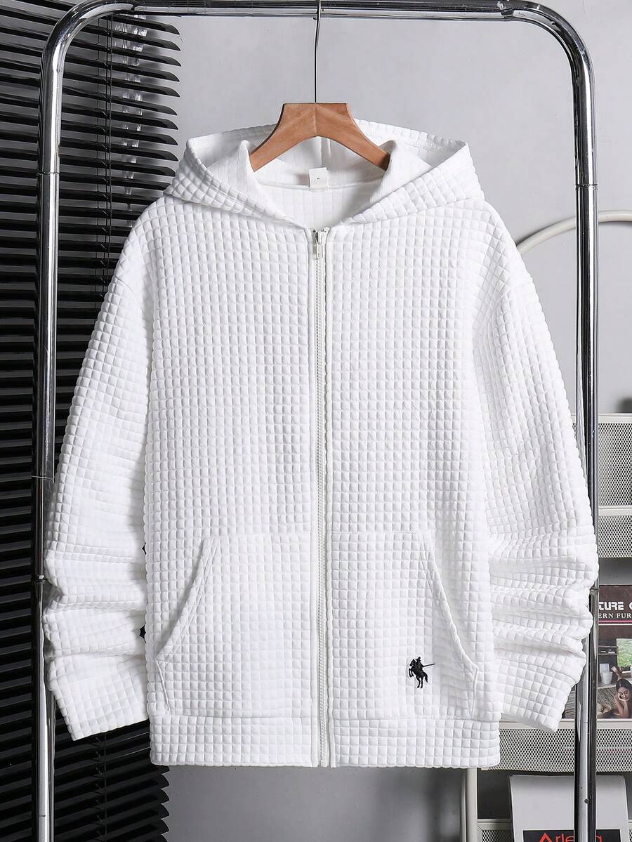 SHEIN 青少年男孩休閒寬鬆舒適百搭拼接小馬標誌紋理面料觸感運動衫,適合外出、大學、休閒運動、街頭穿搭,適用春夏秋冬 - 白色 - 查看 1