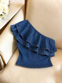 GlowEve Women's Summer Casual 90s Denim One Shoulder Ruffle Denim Top Party Night Out Blue - Blue - View 2