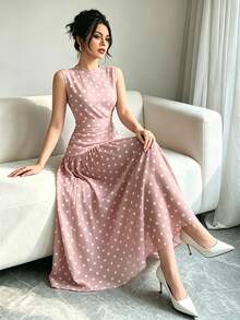 Modelyn 白色波點圖案深棕色法式雪紡長洋裝，女款低領無袖收腰修身設計，抓皺腰部顯瘦，夏季度假風優雅日常穿搭 - 彩色 - 查看 4