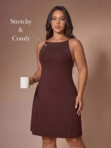 Lazeform Plus Size Women's Brown Summer Square Neck Spaghetti Strap Nightgown,Soft High Stretch Knit Fabric Fitted Slimming Sleeveless Camisole Casual Wear - Brown - View 1