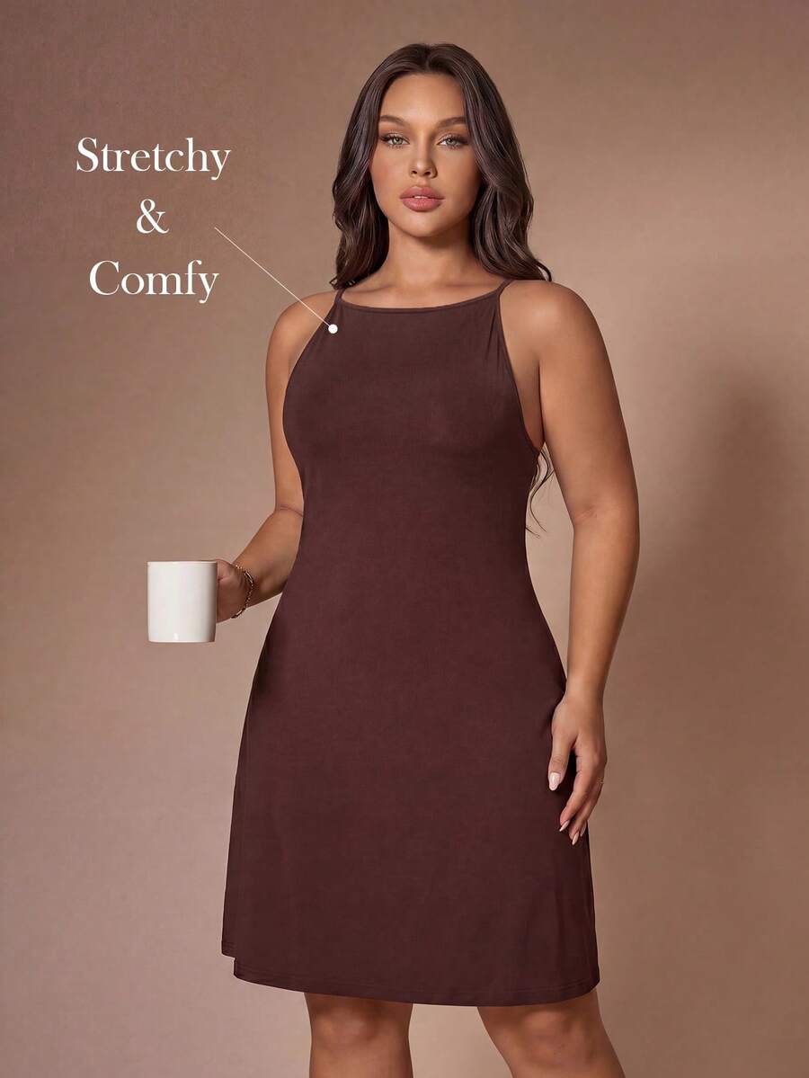 Lazeform Plus Size Women's Brown Summer Square Neck Spaghetti Strap Nightgown,Soft High Stretch Knit Fabric Fitted Slimming Sleeveless Camisole Casual Wear - Brown - View 1