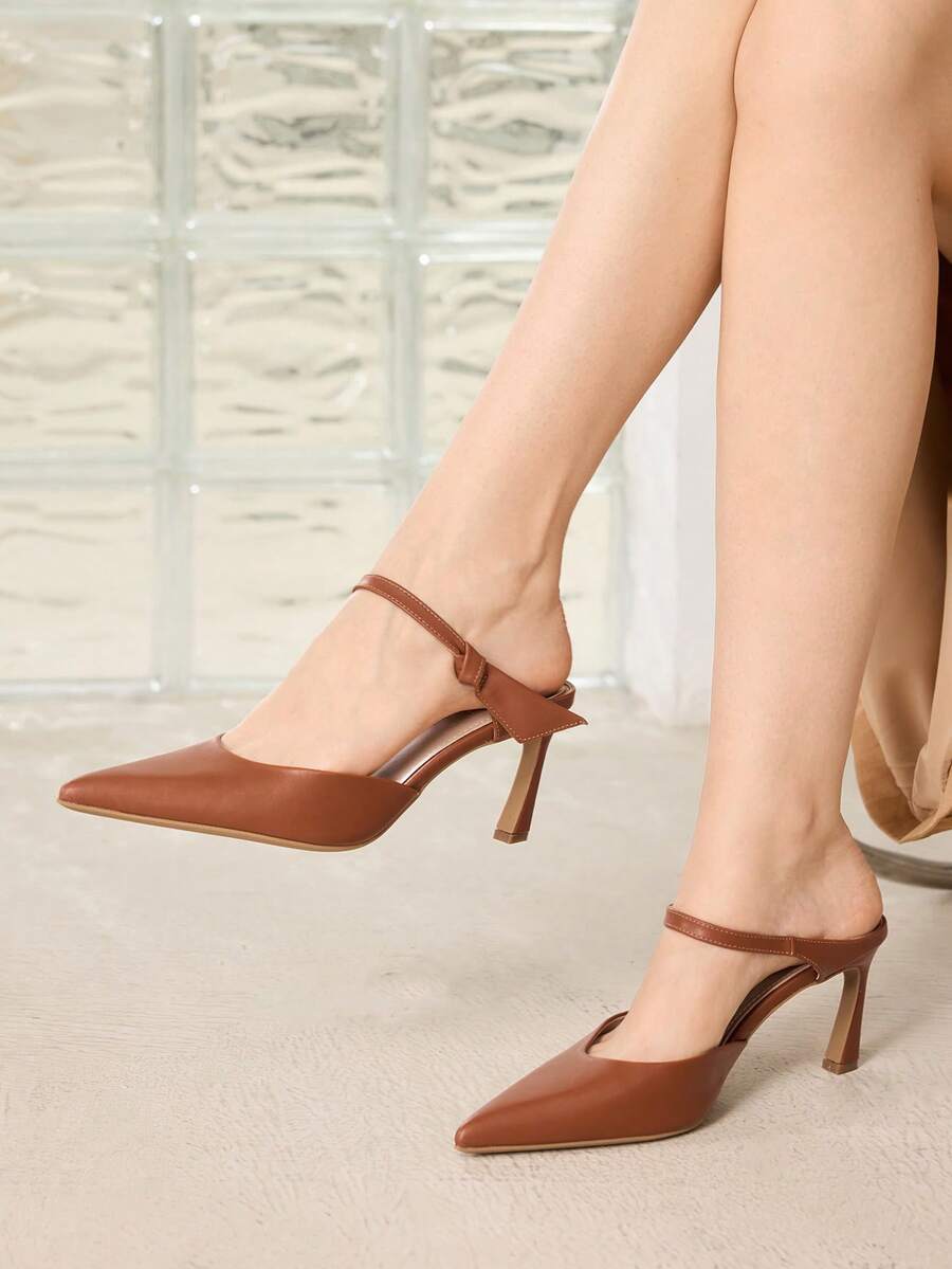 MOTF WOMEN'S BOW BACK STRAP HIGH HEELS, POINTED THICK HEEL MEDIUM HEEL SHOES, ELEGANT BROWN IMITATION LEATHER FASHION SHOES, WORKPLACE COMMUTER DAIL - Caramel Brown - View 1
