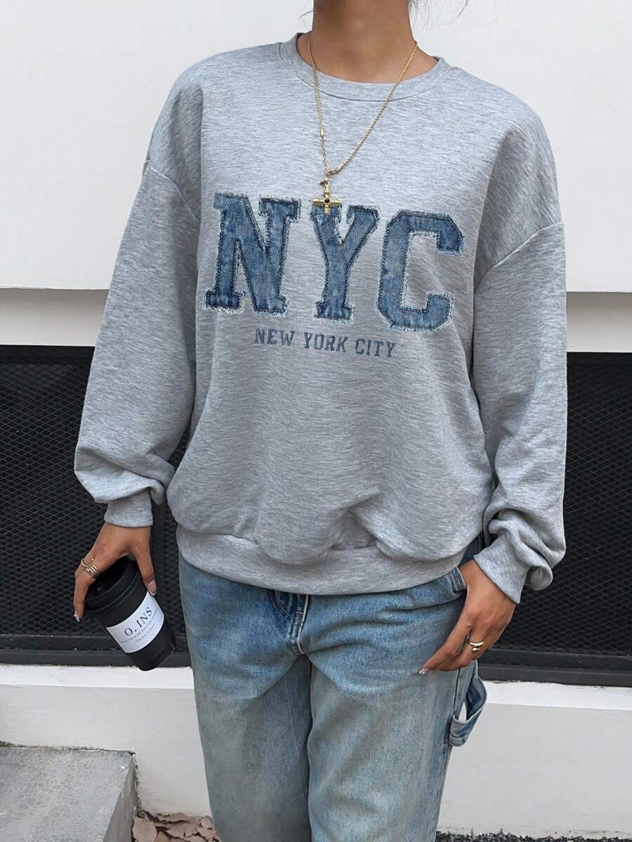 Modelyn Sweatshirt Wanita Kasual Minimalis dengan Motif Cetak, Kerah Bulat, Lengan Panjang, Potongan Longgar - Light Grey - View 1