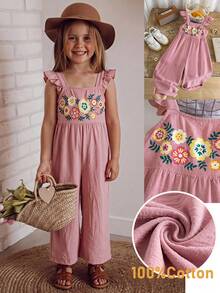 SHEIN Kids Young Girl Woven Floral Print Ruffle Strap Casual Jumpsuit - Pink - View 1
