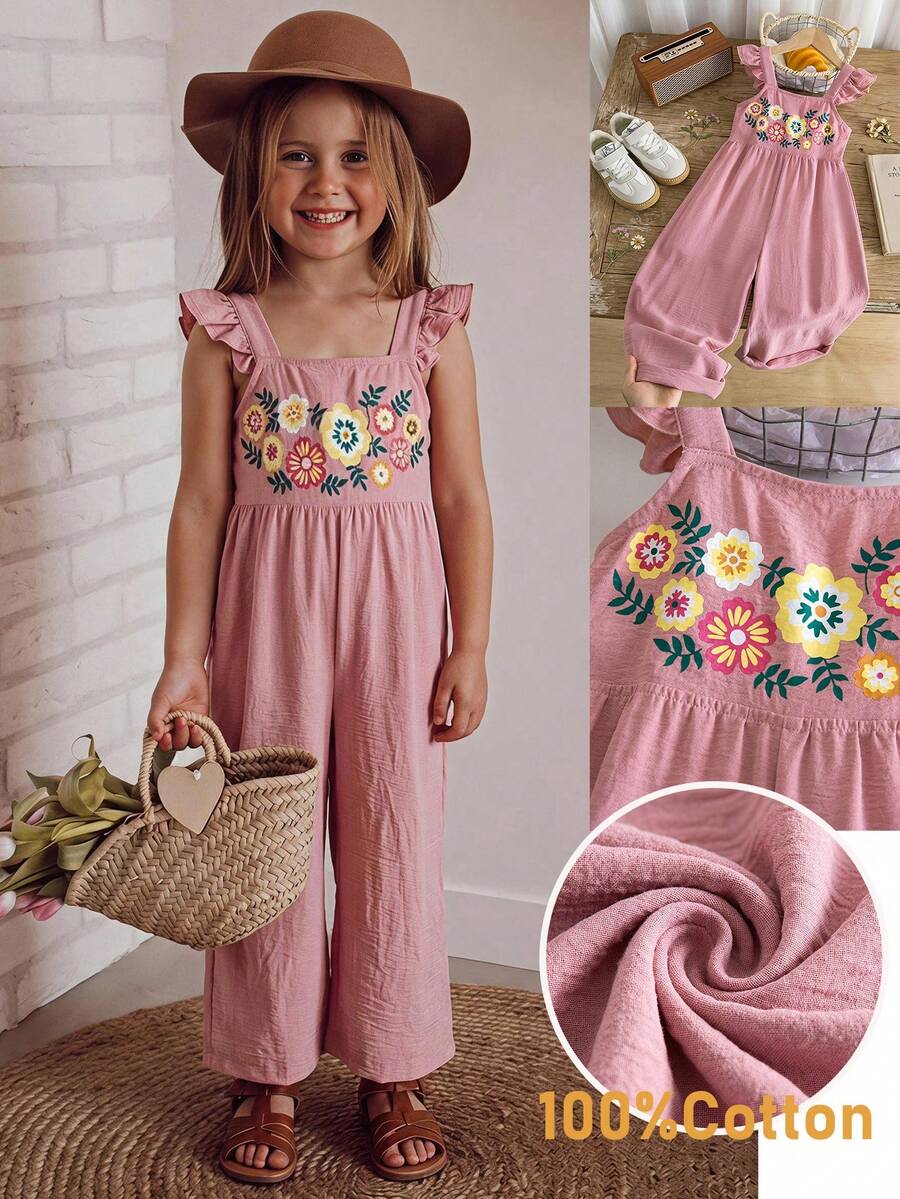 SHEIN Kids Young Girl Woven Floral Print Ruffle Strap Casual Jumpsuit - Pink - View 1