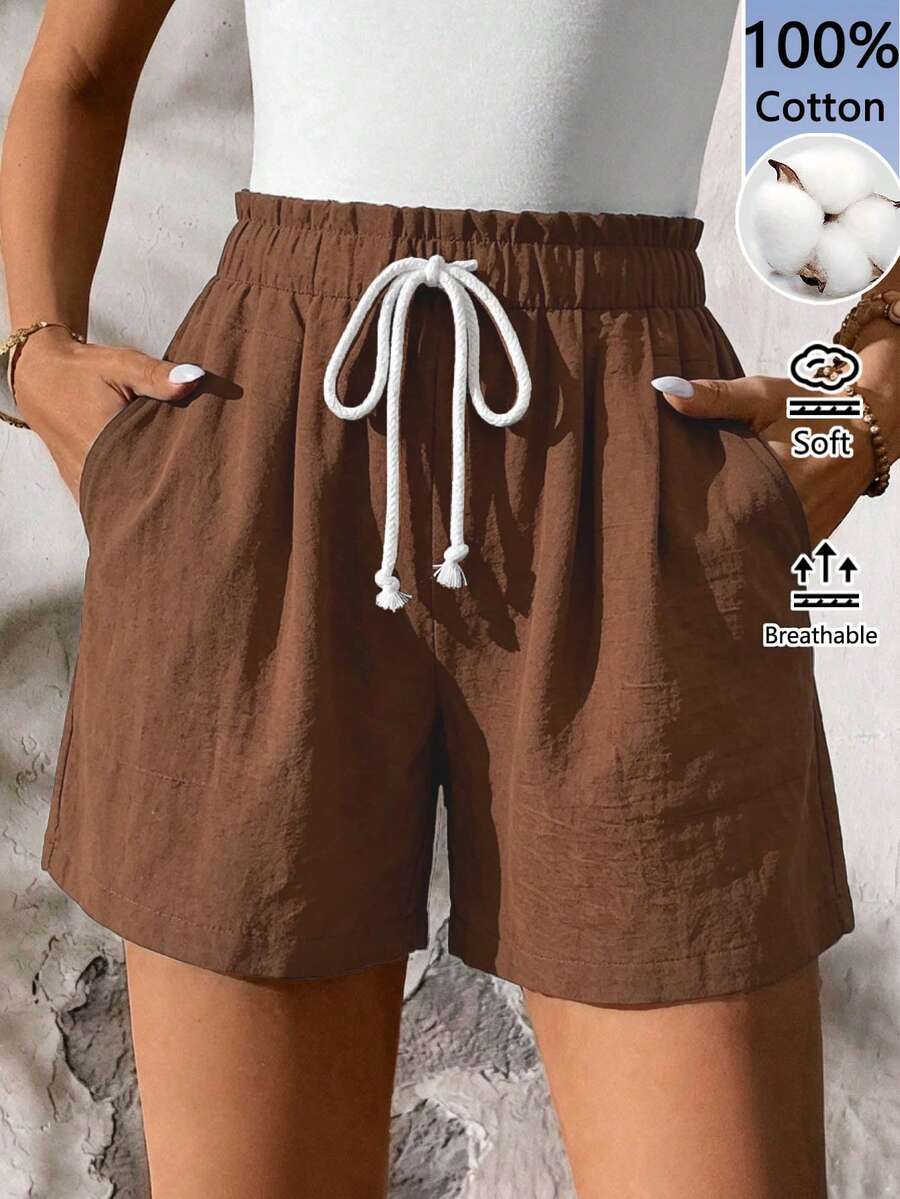 SHEIN LUNE 女款條紋彈性腰純棉短褲，附口袋，夏季休閒風 - 棕色 - 查看 1