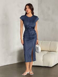 SHEIN Tall Vestido casual y minimalista de estilo náutico en azul marino con estampado de rayas blancas de cuerda de cáñamo. - Azul Marino - Ver 7