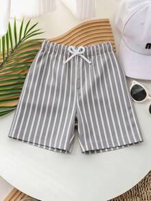 SHEIN Vintaside Kids Young Boys' Drawstring Casual Striped Shorts For Summer Shorts For Boys - Grey - View 1