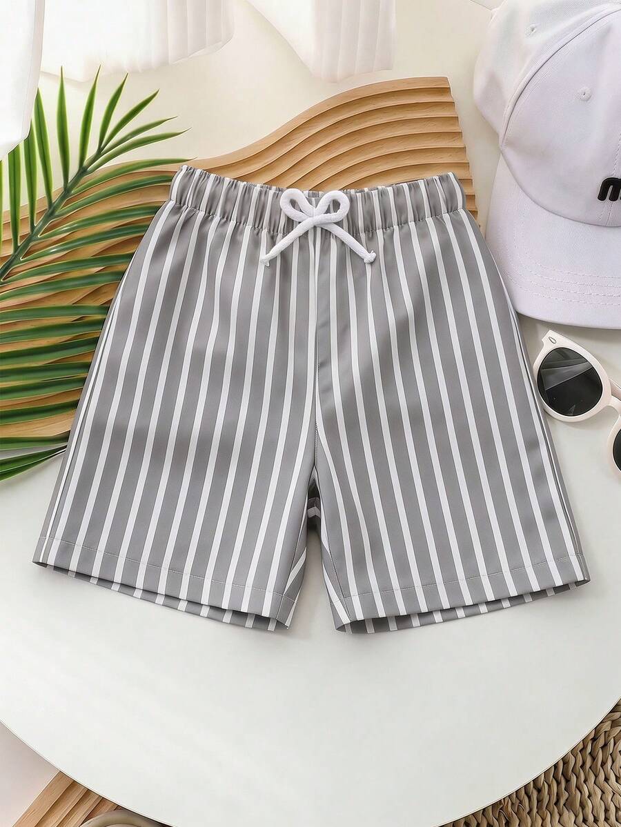 SHEIN Vintaside Kids Young Boys' Drawstring Casual Striped Shorts For Summer Shorts For Boys - Grey - View 1