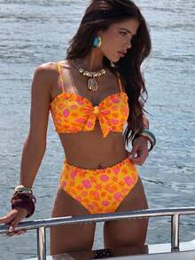 Swim Lushoire 春夏流行熱銷性感女款波點印花設計度假網紅風海灘比基尼套裝 - 黃色 - 查看 4