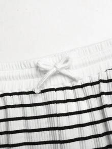 SHEIN 青少年女孩 T-Shirt 套裝 黑白條紋拼接圓領長袖上衣與長褲 - 黑與白 - 查看 7