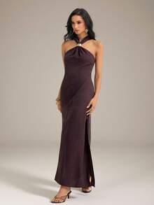 SHEIN Tall Frühling/Sommer Musikfestival Ostern St. Patrick's Day Valentinstag Date Dinner Western Reife Elegante Ärmellose Neckholder Schokoladenbraun Maxikleid - Braun - Übersicht 5